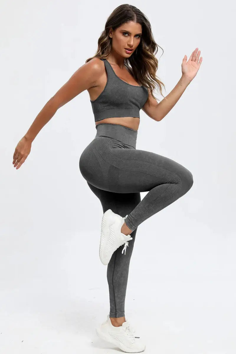 3 Piece Washed Square Neck Wide Strap Active Set for Women - Love Salve